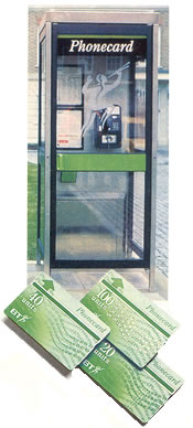 Phonecard kiosk with cardphone - beneath three Phonecards, 20, 40 and 100 unit cards